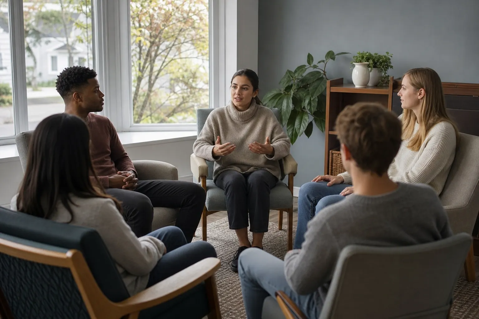 Five adults sit in a circle in a bright room as a woman in a gray sweater gestures during a group discussion.
