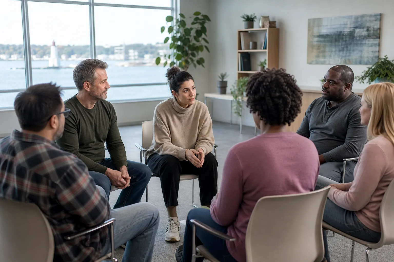 Six adults sit in a circle during a group discussion in a bright room with large waterfront windows and plants.