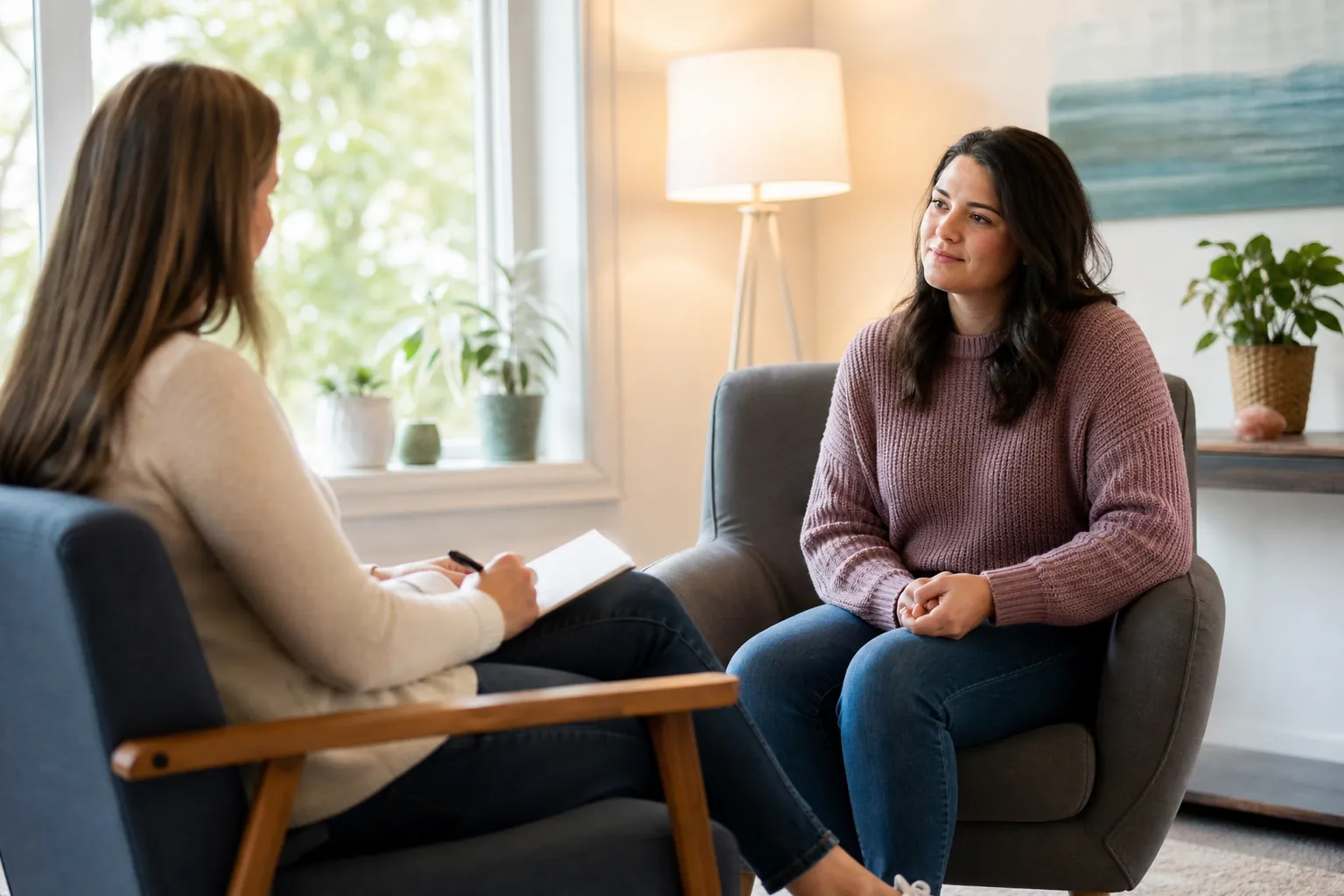 Conversation in Armchairs Near a Window Two women sit facing each other near a window, with one holding a notebook and pen.