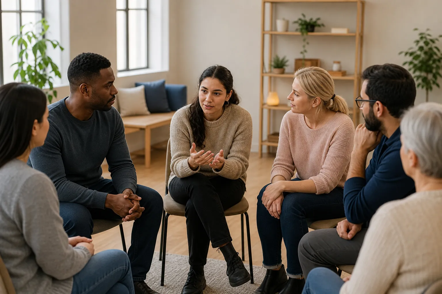Adults Participating in a Supportive Group Discussion Six adults sit in a circle in a bright room with plants, listening as a woman in a beige sweater gestures while speaking.