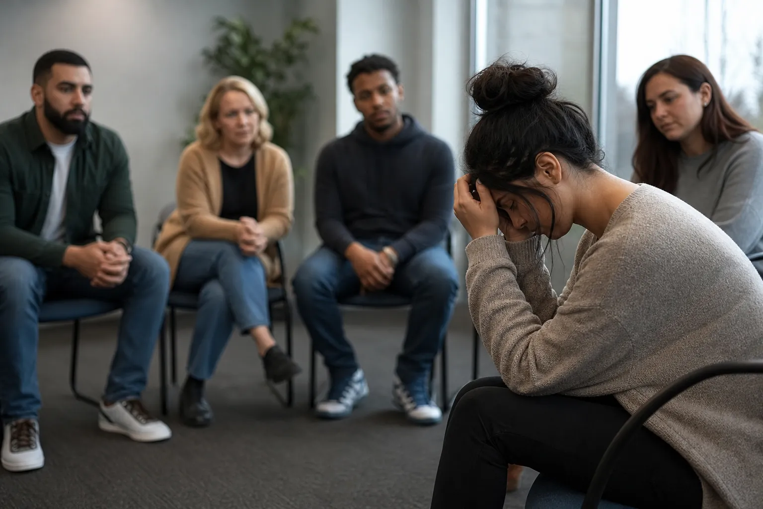 A distressed woman leans forward with her hands against her forehead while four adults sit nearby in a group setting.