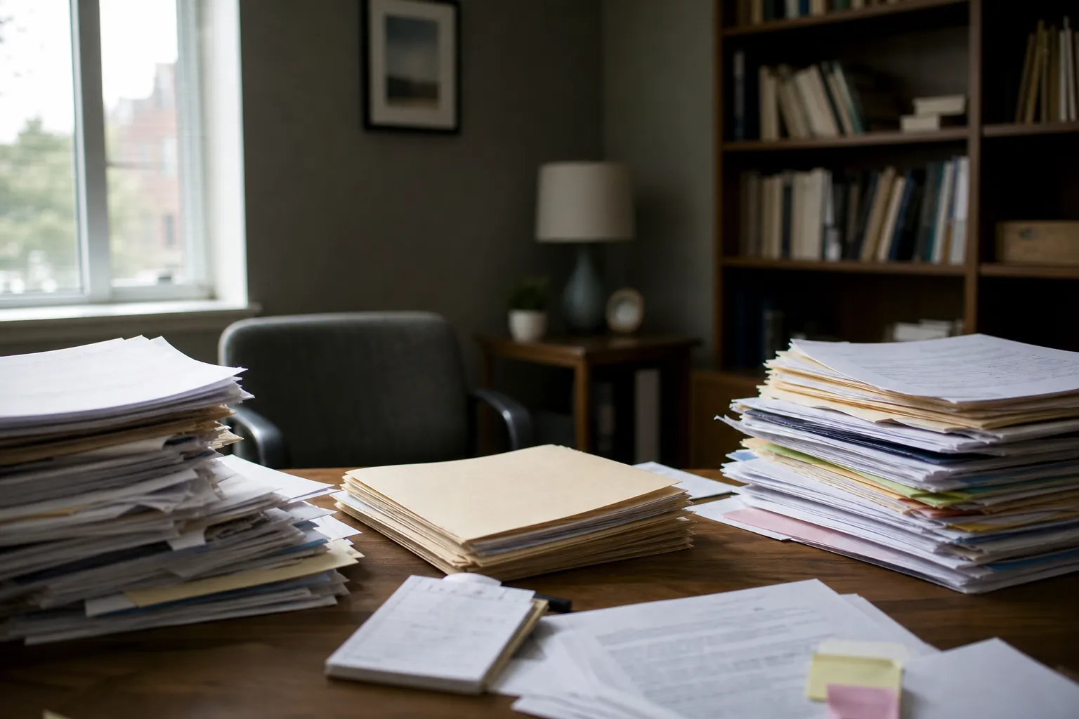 Stacks of papers and manila folders cover an office desk, with blurred documents, sticky notes, and an empty chair.