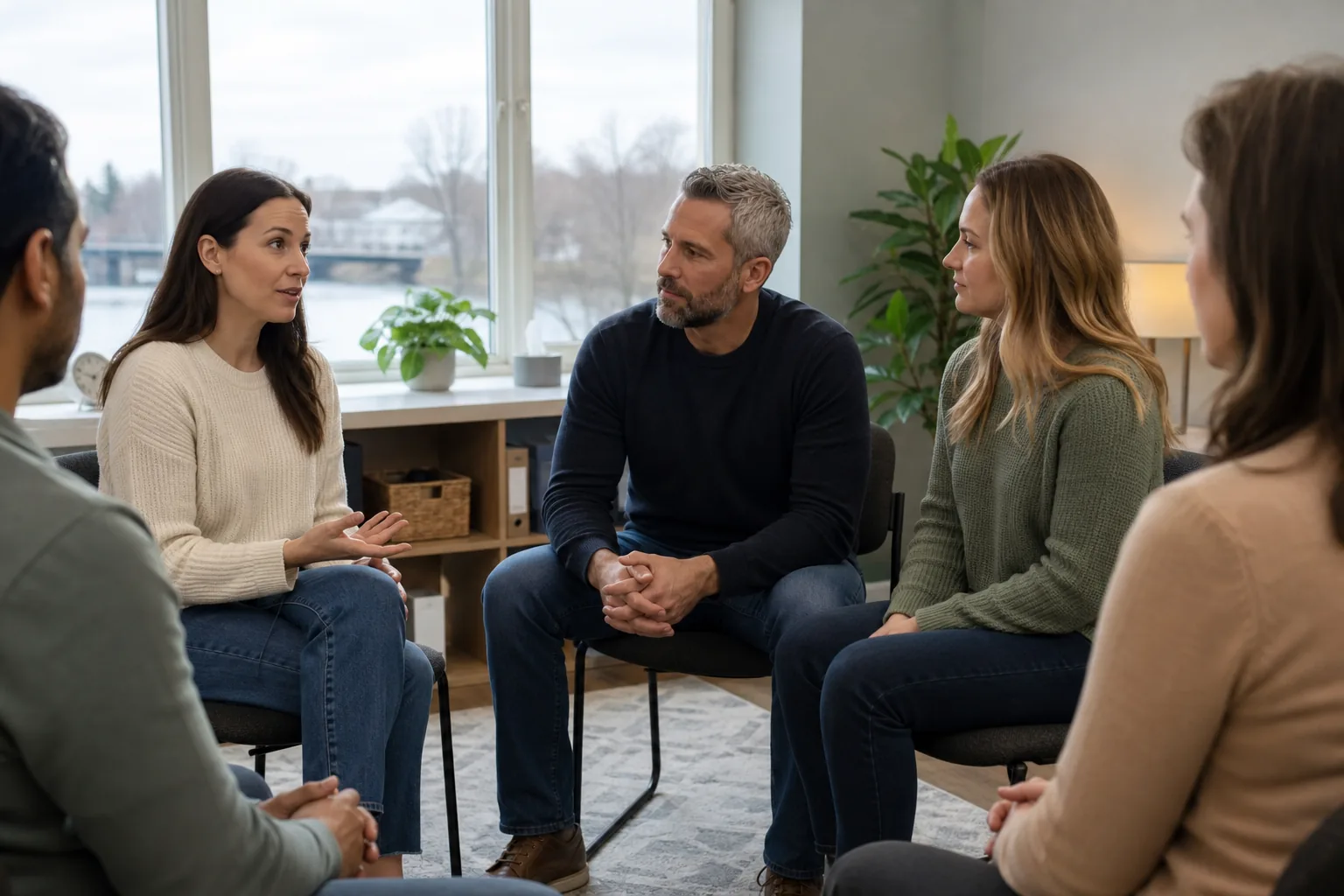 Five adults sit in a circle in a bright room, listening as a woman in a cream sweater speaks and gestures.
