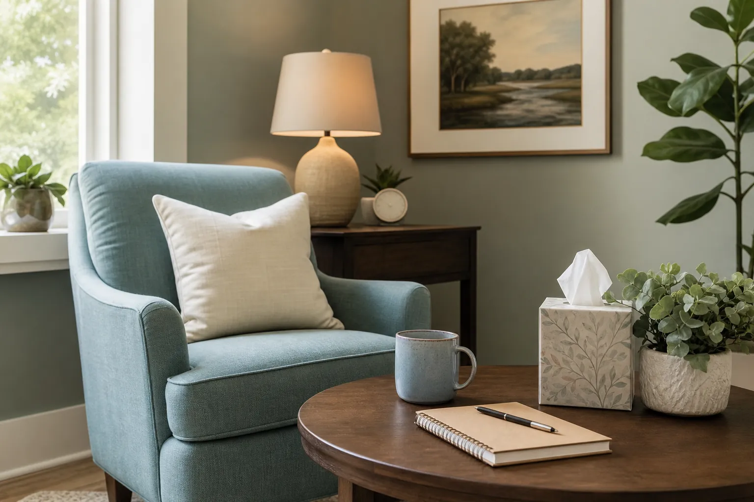 Armchair and table with notebook, mug, and tissues A blue armchair with a cream pillow beside a wooden table holding a mug, spiral notebook, pen, tissue box, and potted plant. A lamp and framed landscape are behind the chair.