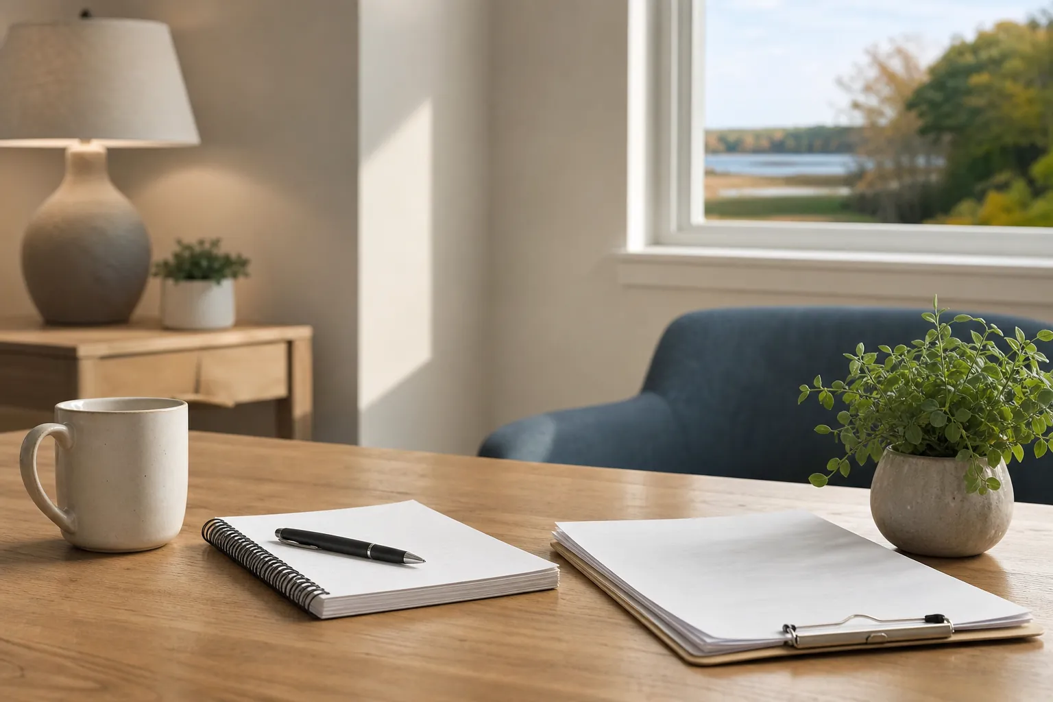 Desk with blank notebook, clipboard, mug and plants A wooden desk holds a mug, blank spiral notebook with a pen, clipboard with blank papers, and potted plant, with a blue chair, lamp and window behind it.