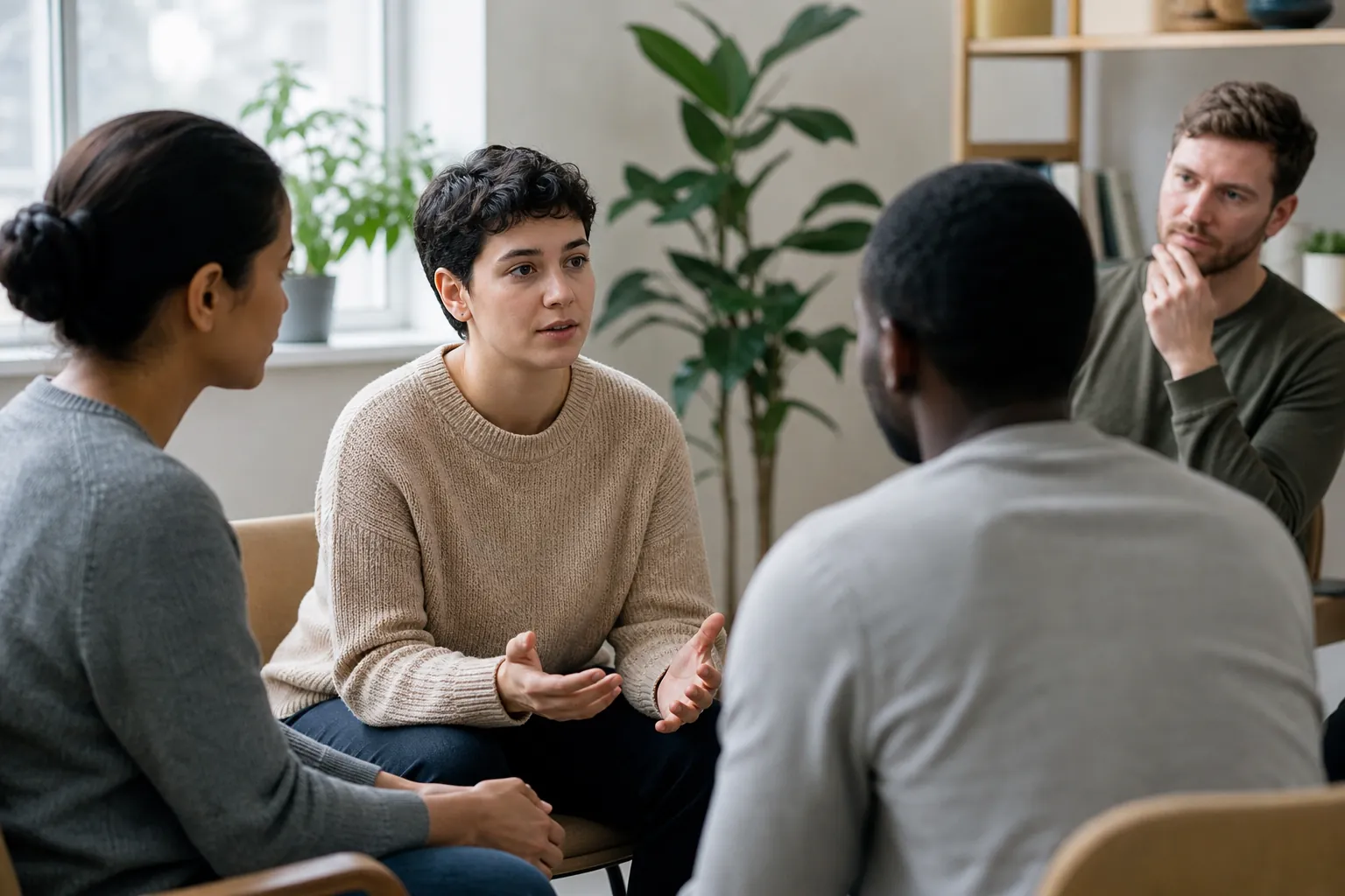 Adults Participating in a Group Discussion Four adults sit in a discussion circle in a bright room with plants, listening as a person in a beige sweater speaks.