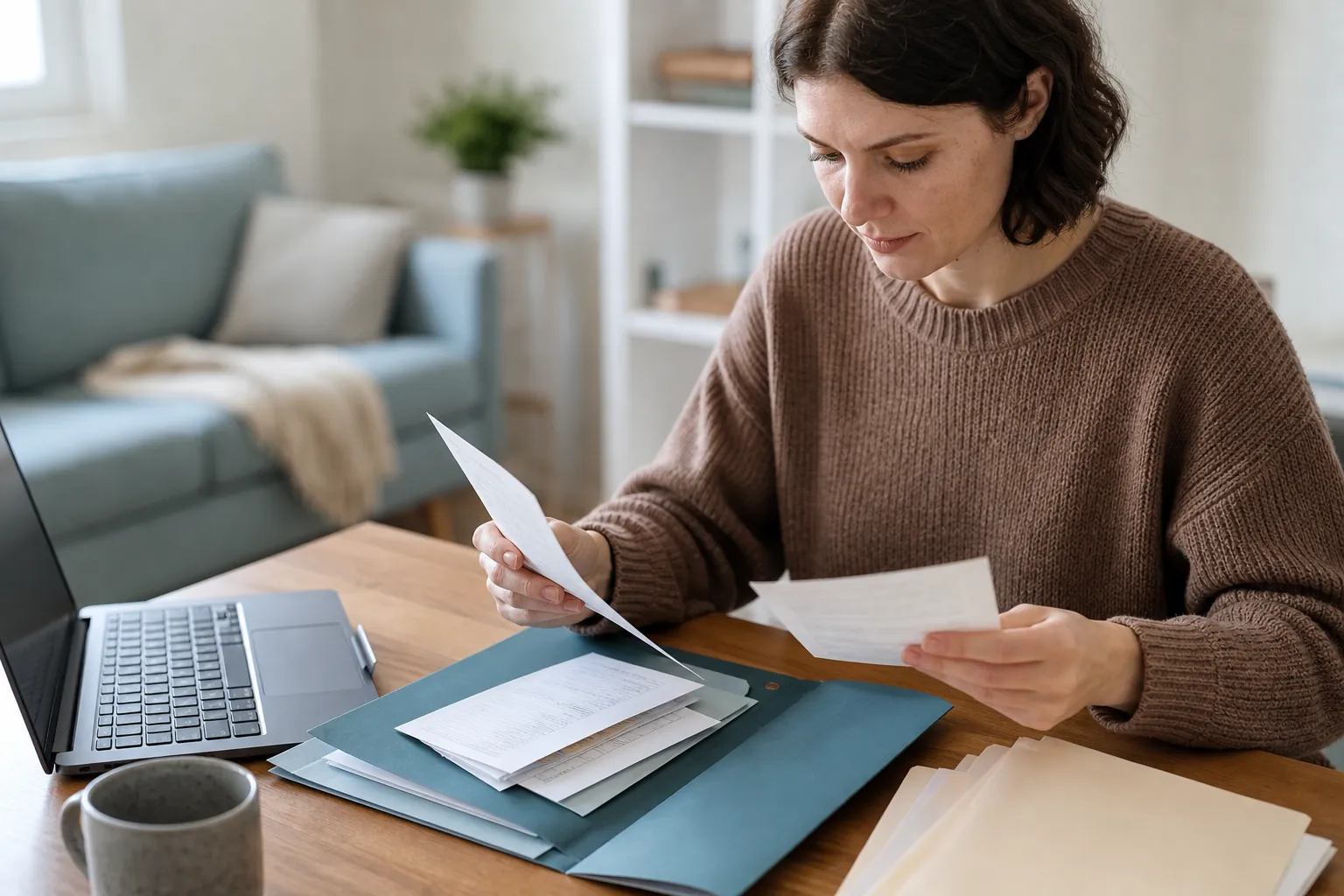 Reviewing Personal Records and Documents at Home Woman reviewing papers at a wooden table with an open blue document folder, a laptop, a mug and stacked folders.
