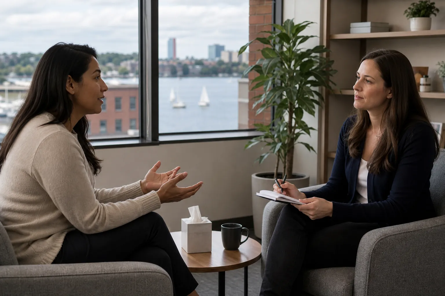Supportive Conversation in a Waterfront Office Two women sit facing each other in armchairs, one gesturing while the other holds a pen and notebook beside a waterfront window.