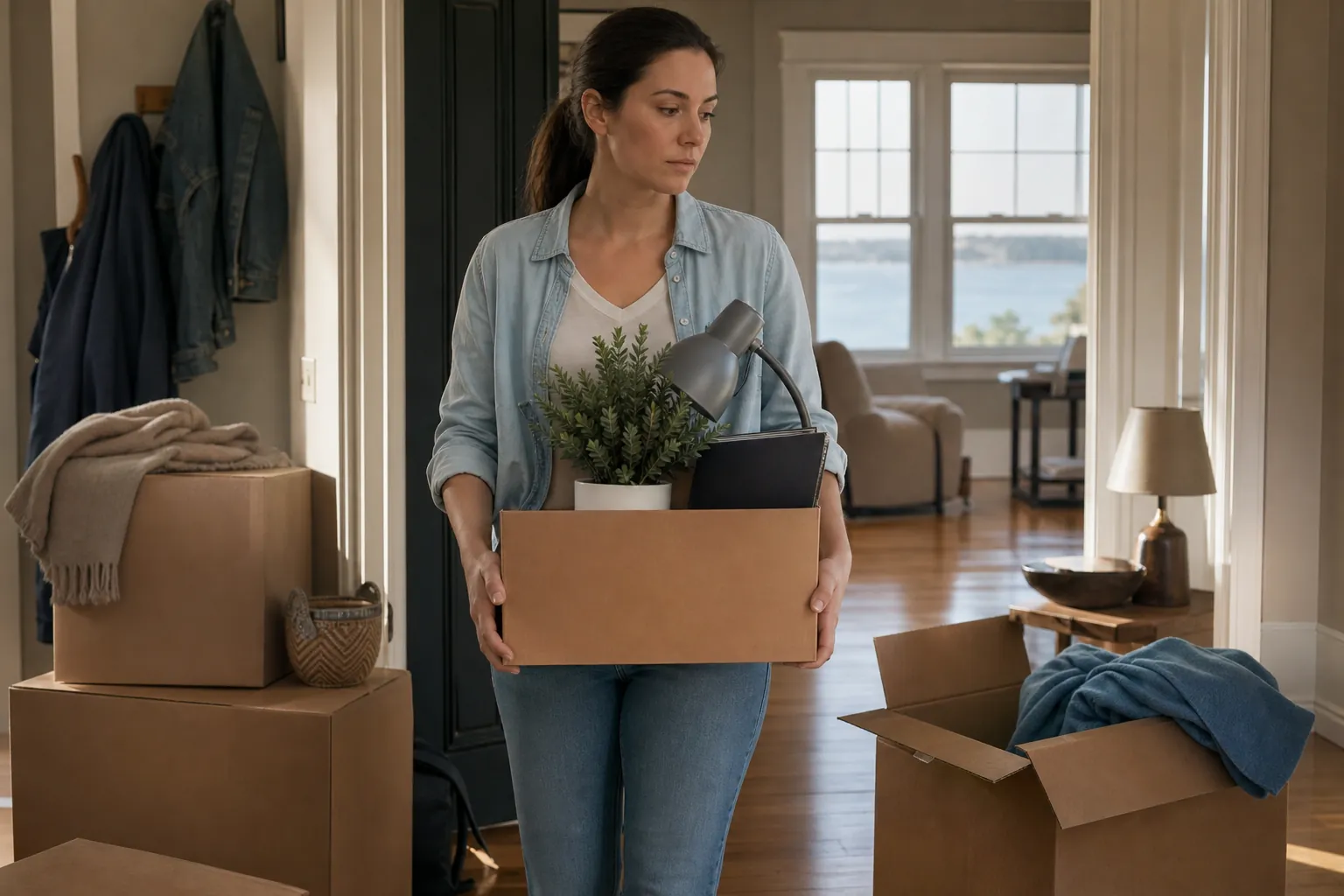Woman Carrying a Box of Desk Items at Home A woman carries a cardboard box containing a potted plant, desk lamp and dark folders, with packing boxes around her at home.