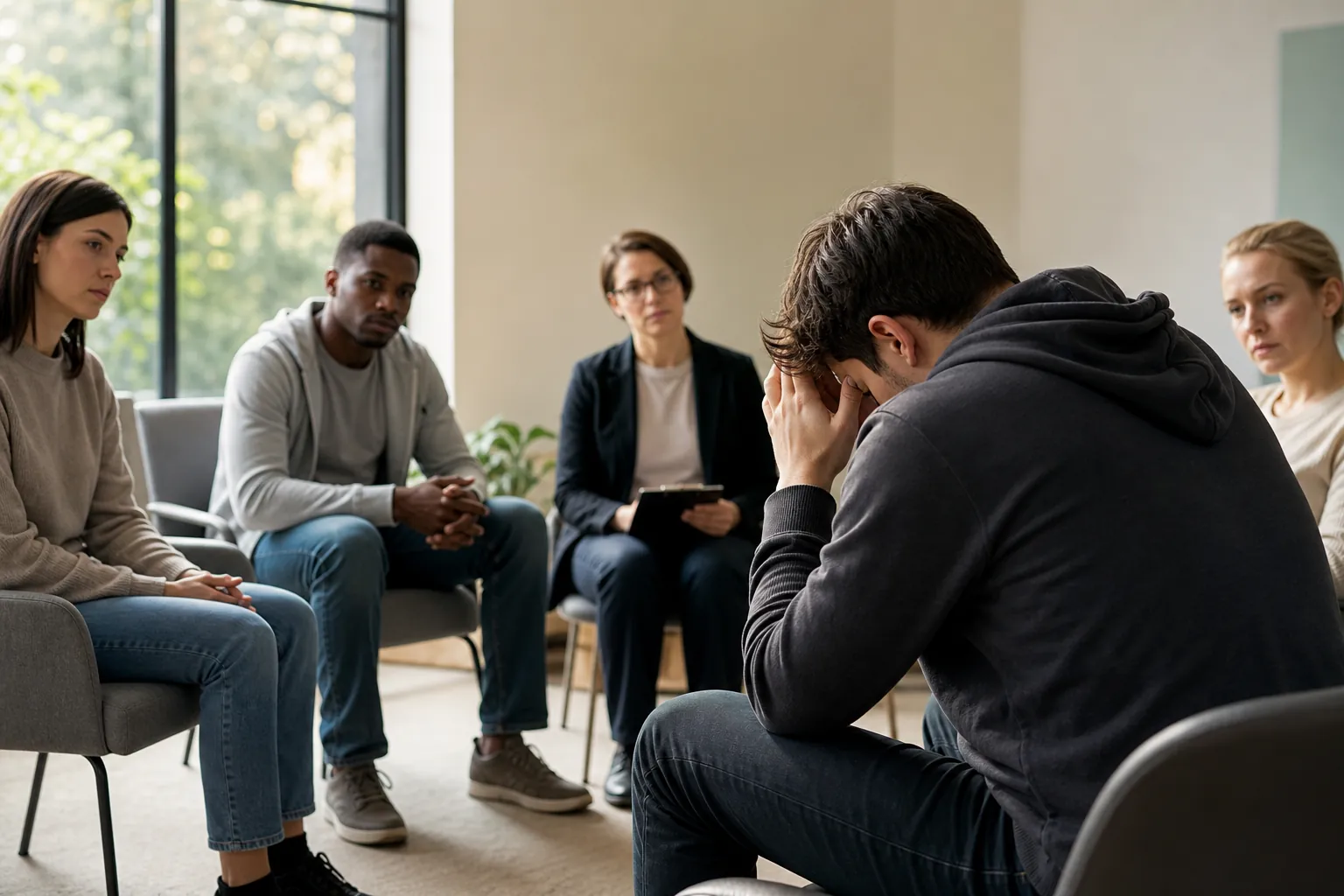 A man in a dark hoodie leans forward with his head in his hands while four adults sit nearby in a group counseling setting.