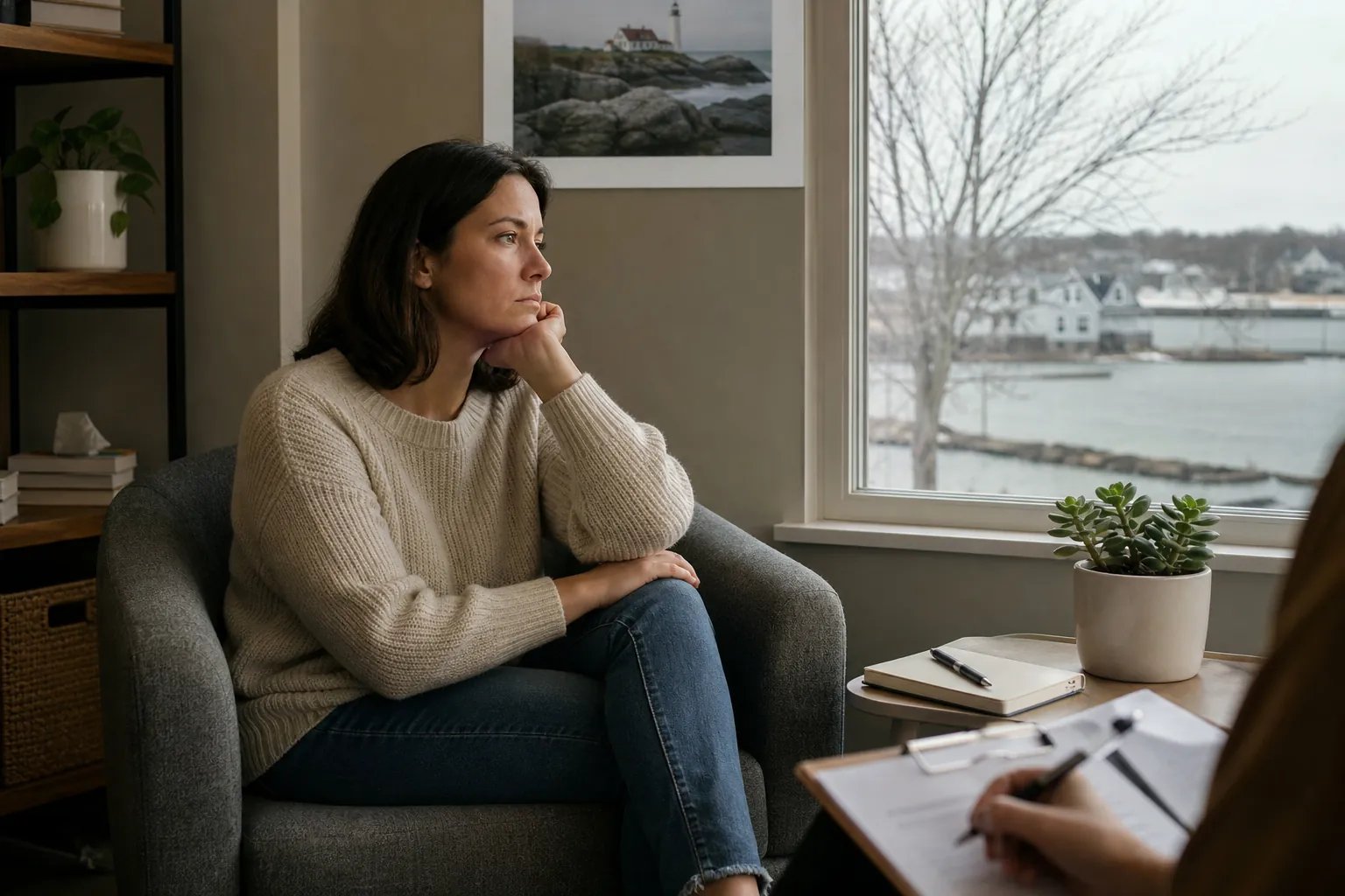 A woman rests her chin on her hand in an armchair by a waterfront window while another person holds a pen over a clipboard.