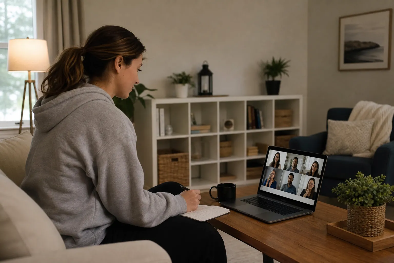 Woman Joining a Group Video Call from Her Living Room A woman sits on a sofa with a pen and notebook beside a laptop showing six people in a group video call.