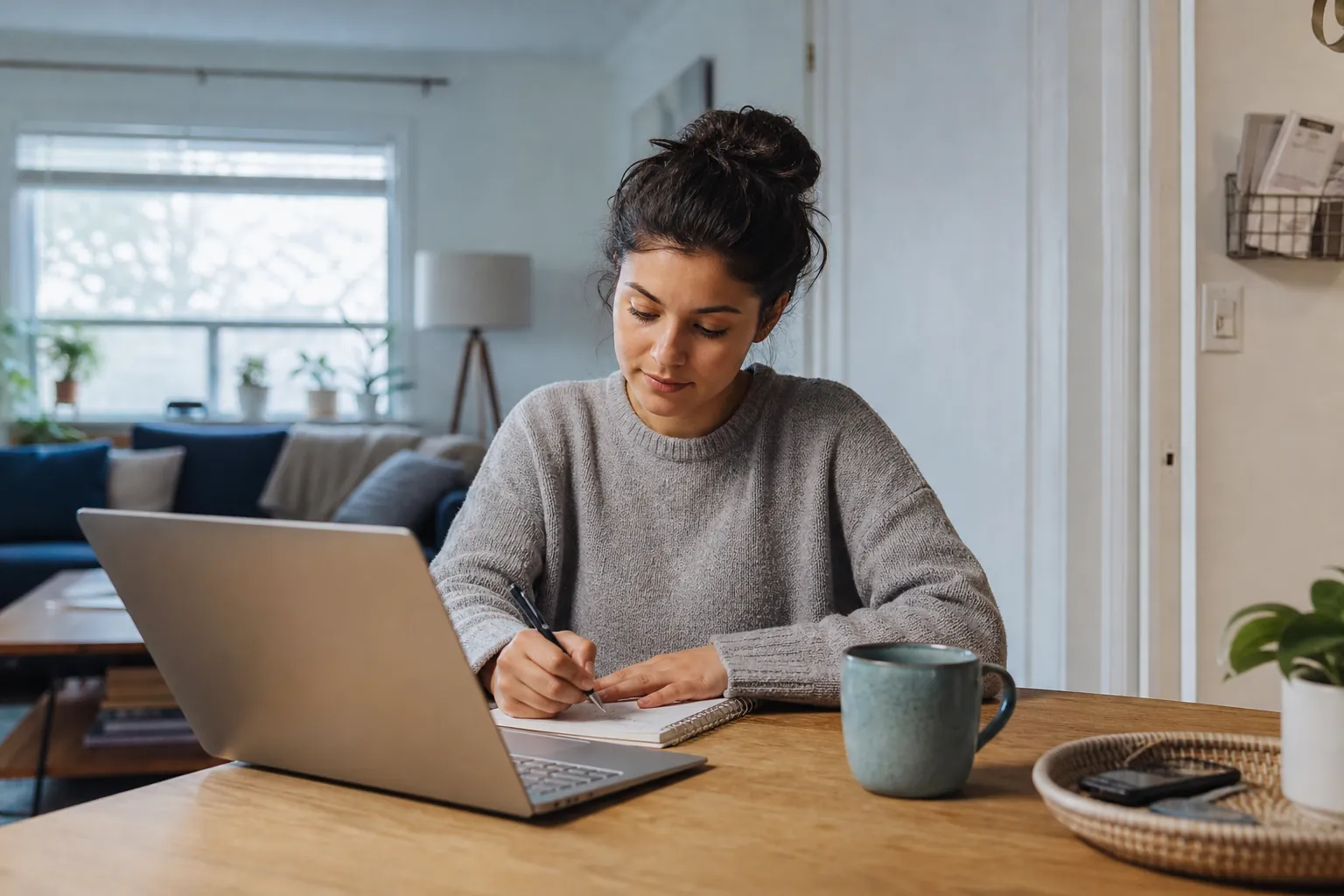 Planning at Home With a Notebook and Laptop A woman in a gray sweater writes in a notebook at a wooden table beside an open laptop and a mug in a living room.