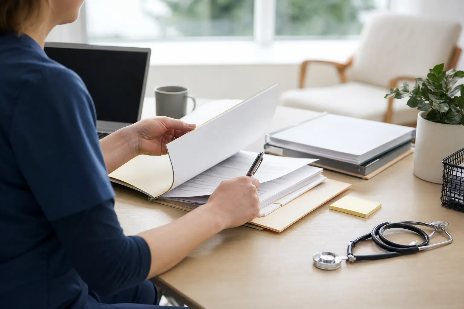 Open Folder and Pen at a Desk A person holds an open folder and pen at a desk with a laptop, stacked folders, and a stethoscope.