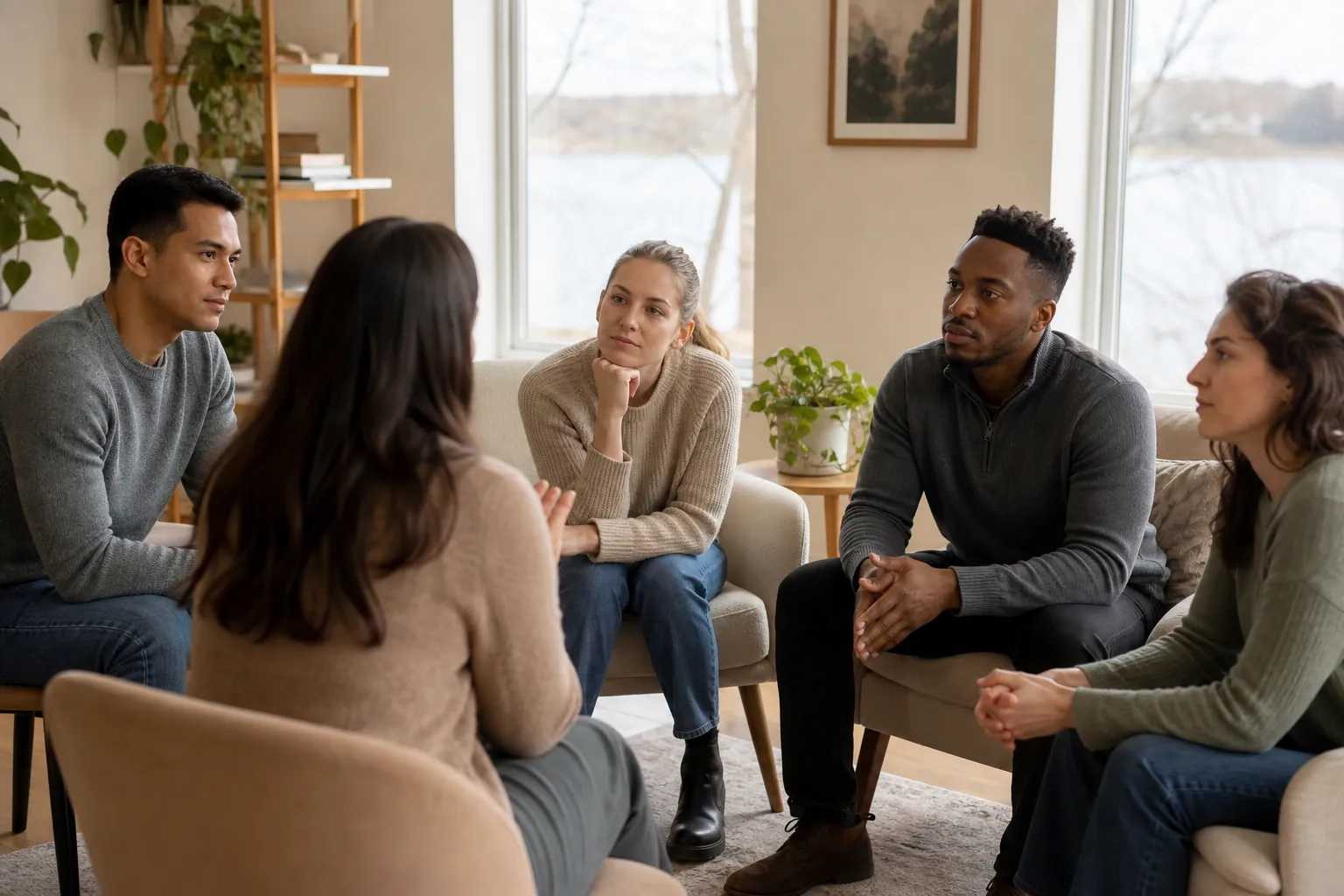 Five Adults Seated in a Circle Five adults sit in a circle as the person in the foreground gestures toward the others.