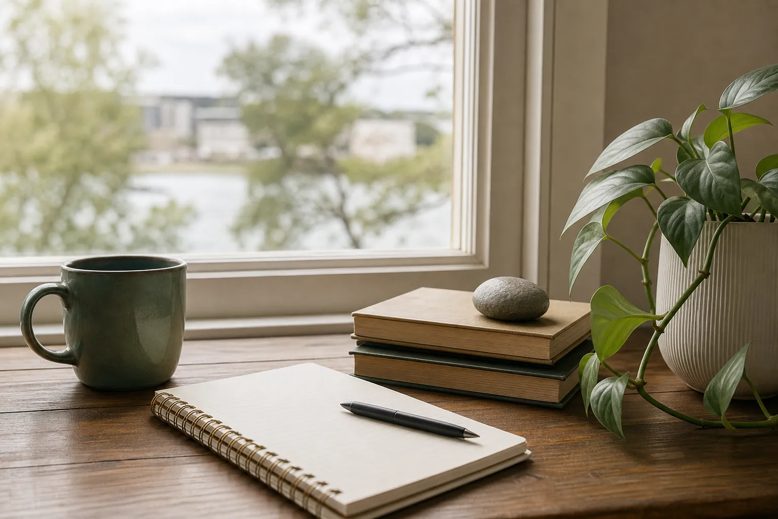 Notebook, mug, books, and plant beside a window A blank spiral notebook and pen on a wooden table beside a green mug, two stacked books topped with a stone, and a potted trailing plant near a window.