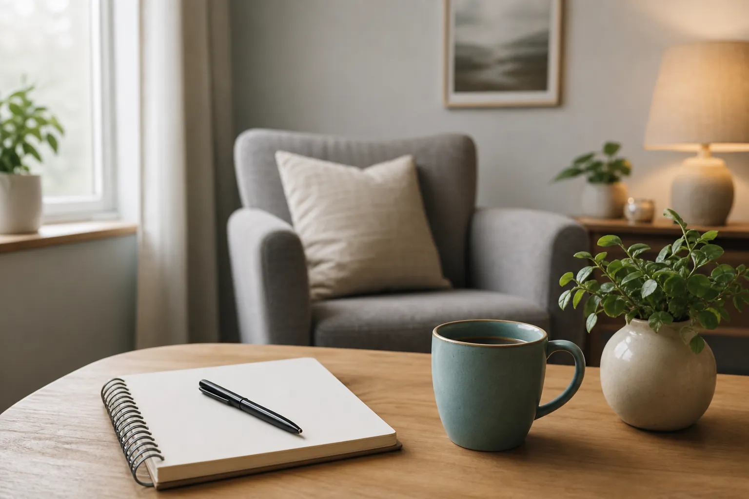 Armchair and table with notebook, mug, and plant A wooden table holds a blank spiral notebook, black pen, teal mug, and potted plant, with a gray armchair, window, and lit lamp behind it.