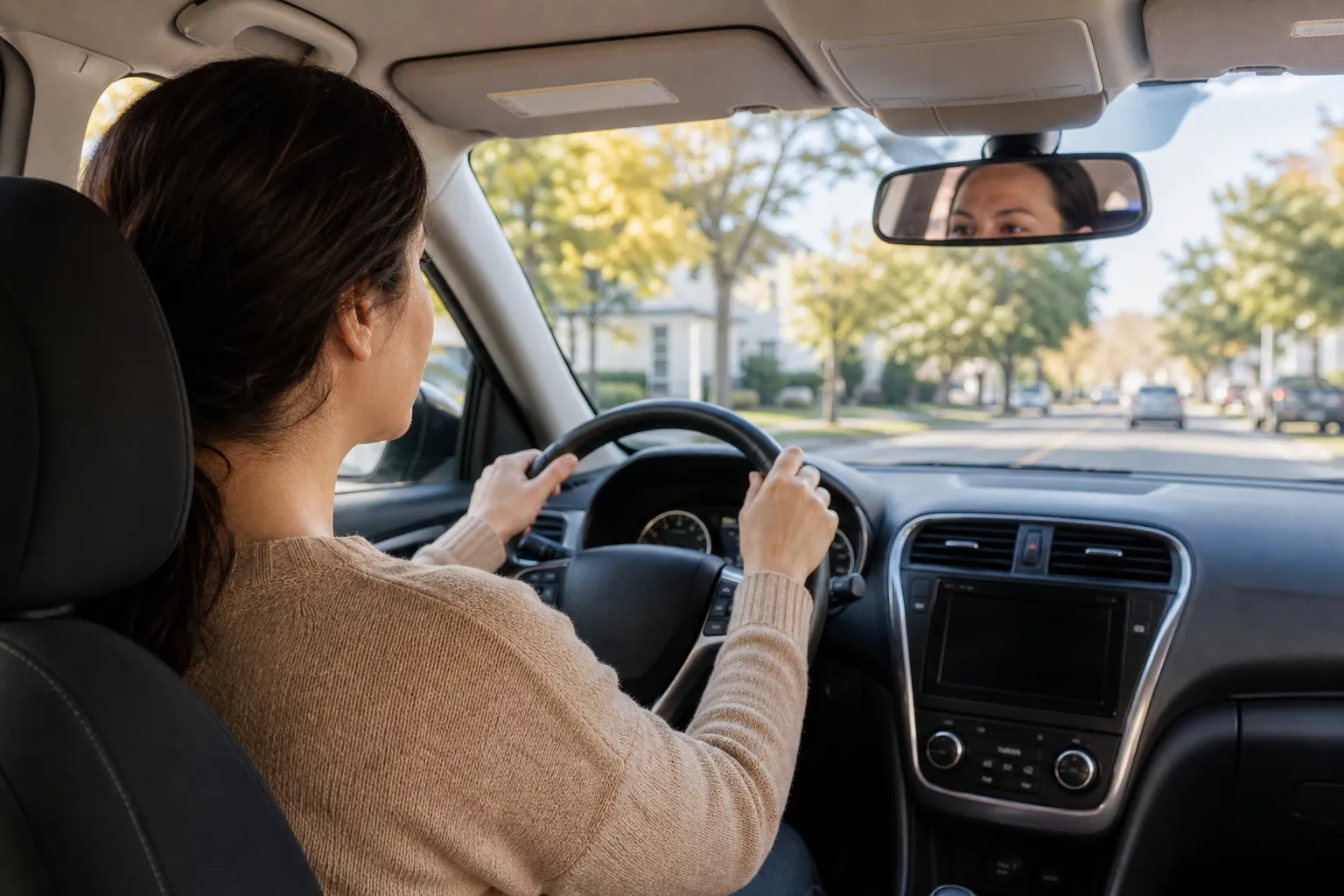 Driver on a Sunlit Residential Street Woman driving along a sunlit street lined with houses and trees, viewed from the back seat.
