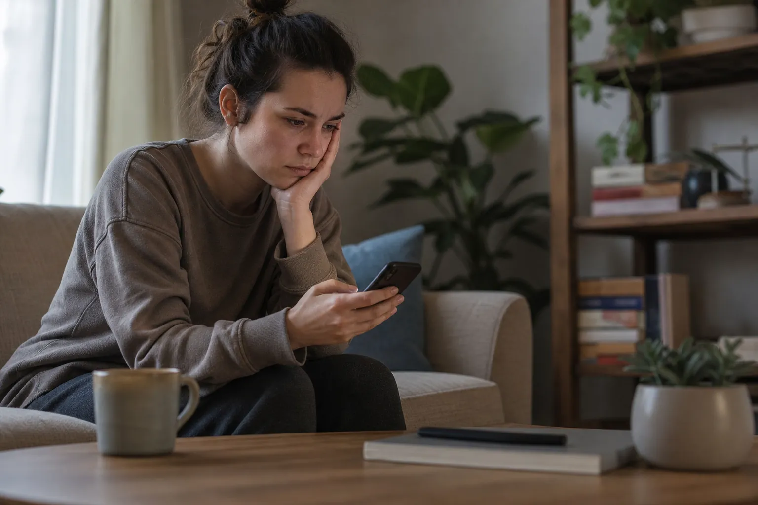 A worried-looking woman sits on a sofa, resting her cheek in one hand while looking at a smartphone in the other.