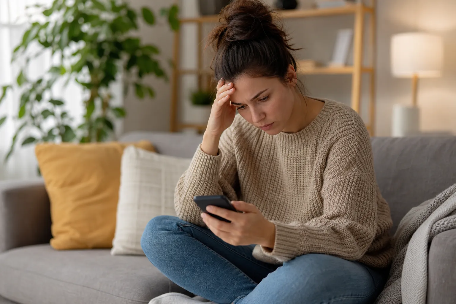 A worried woman sits cross-legged on a gray sofa, looking at her smartphone with one hand resting against her forehead.