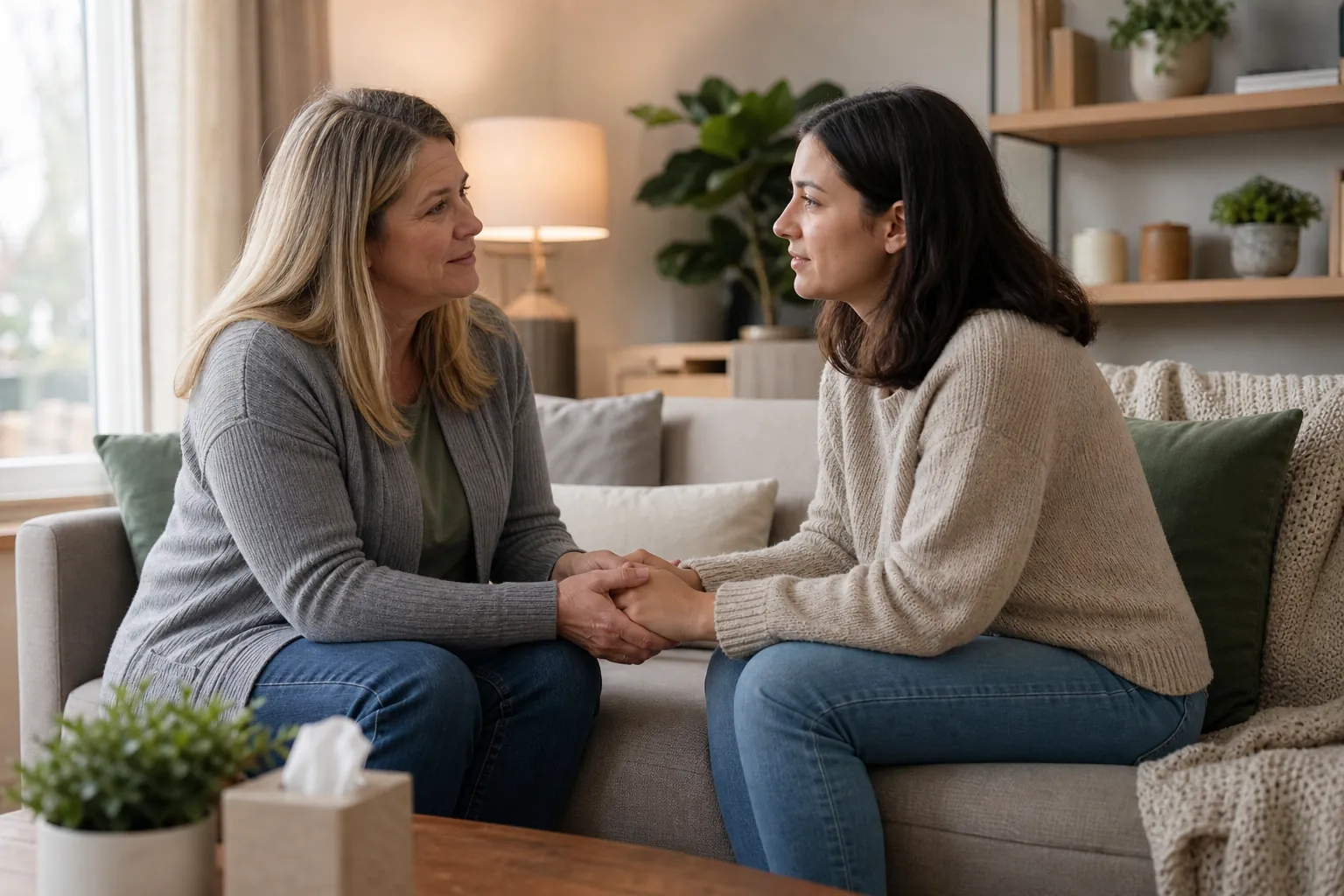 Two women sit facing each other on a living room sofa, holding hands during a supportive conversation.