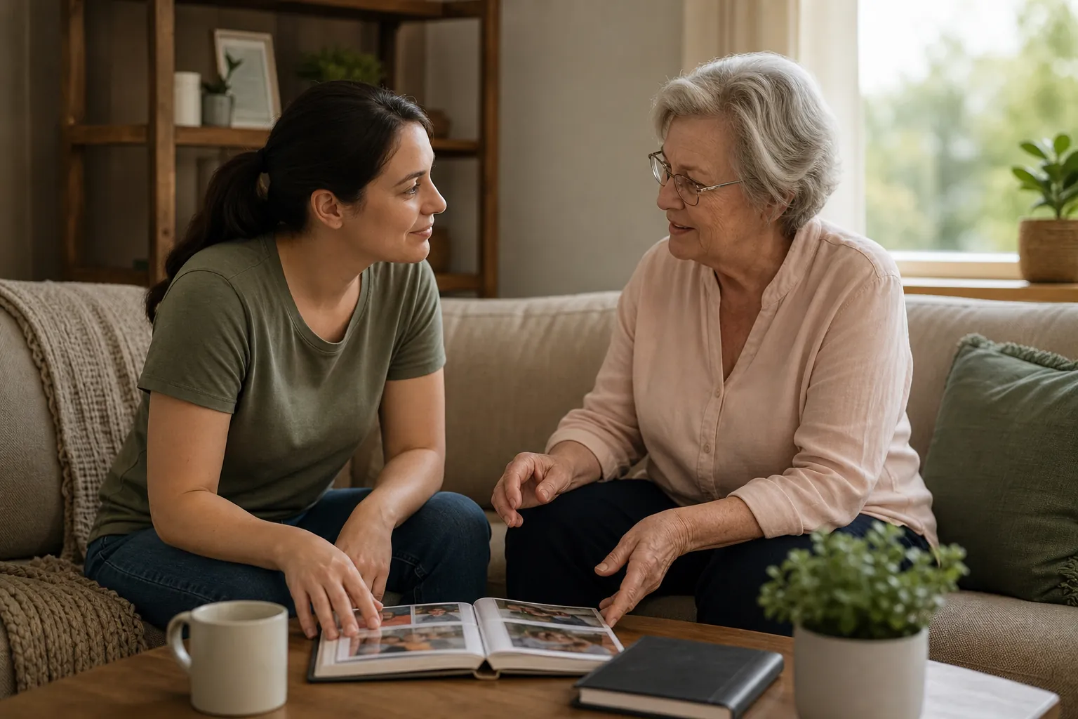 A younger woman and an older woman sit together on a sofa, talking and looking through a photo album on a coffee table.