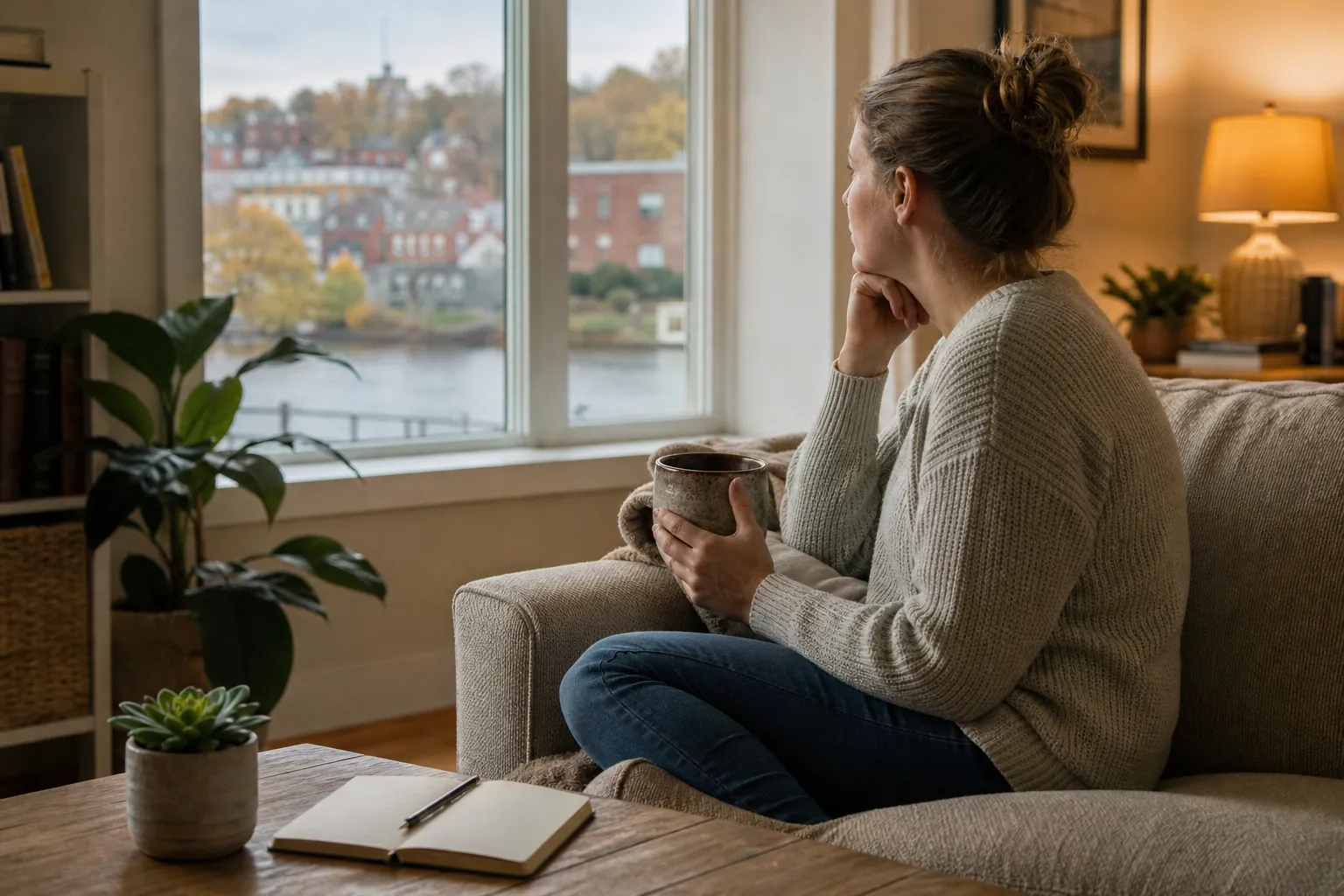 Woman Holding a Mug and Gazing Out a Riverside Window A woman holding a mug sits on a sofa, resting her chin on one hand and looking through a window toward riverside buildings.