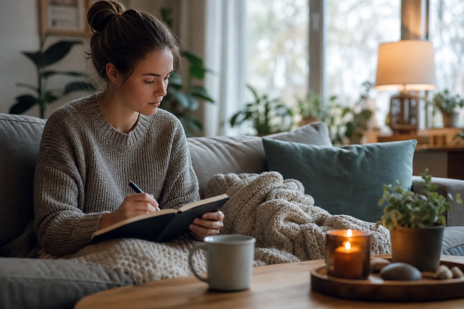 Quiet Journaling on a Sofa With a Blanket and Candle A woman writes in a notebook on a sofa under a knitted blanket, with a mug, lit candle, and plants nearby.