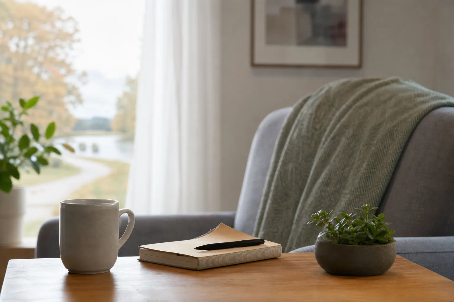 A mug, notebook, pen, and small potted plant sit on a wooden table beside an armchair with a green throw near a window.