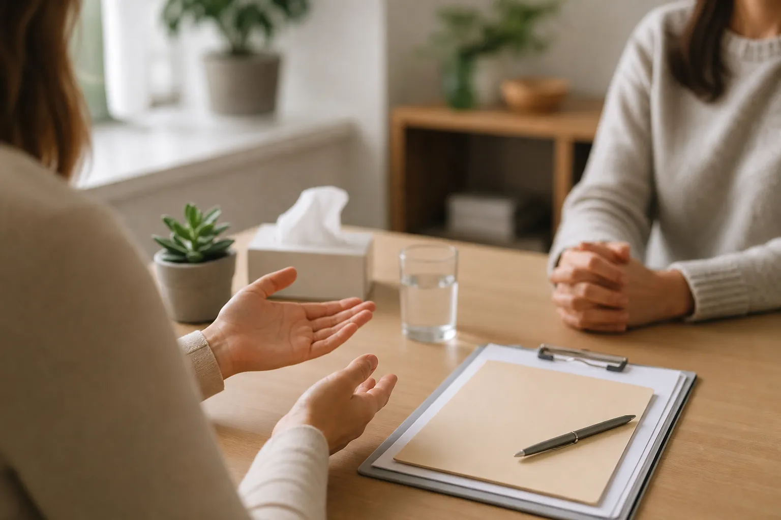 Two people sit across a wooden table during a consultation, with a clipboard, pen, water glass, tissues, and a small plant.
