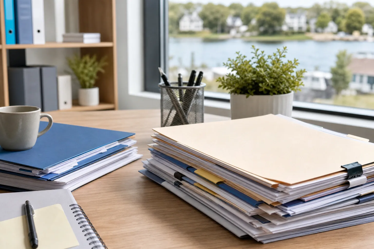 Stacks of folders and paperwork, a spiral notebook, pens, and a mug on a wooden desk beside a window overlooking water.