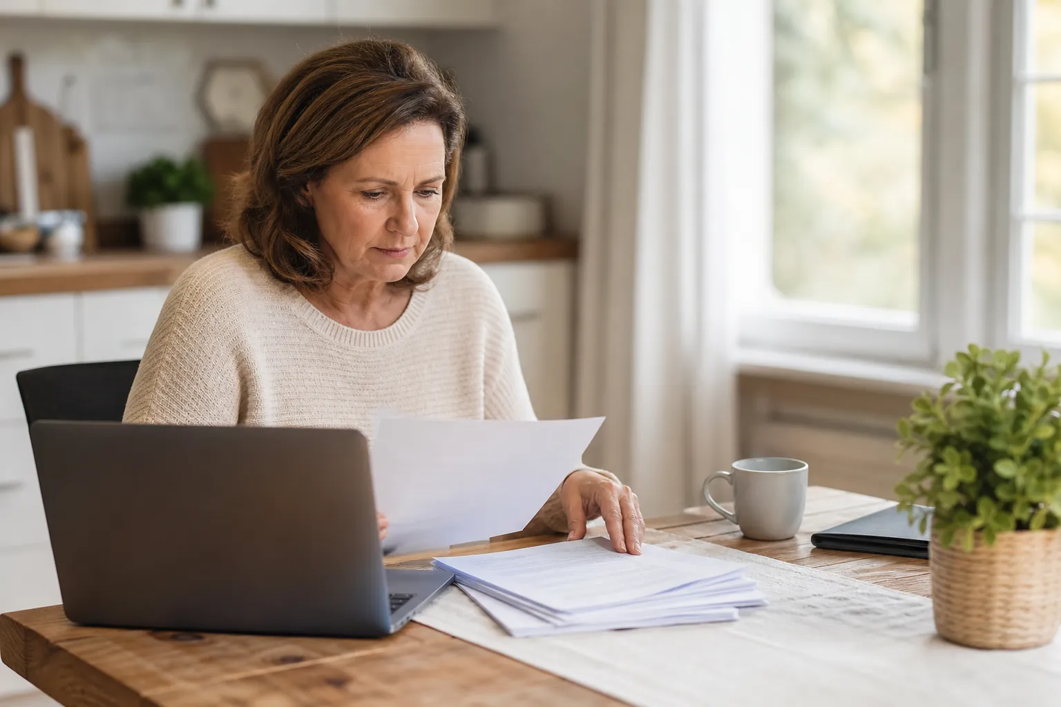 Woman Reviewing Paperwork at a Kitchen Table A woman reviews paperwork beside an open laptop at a wooden kitchen table with a mug and a potted plant.