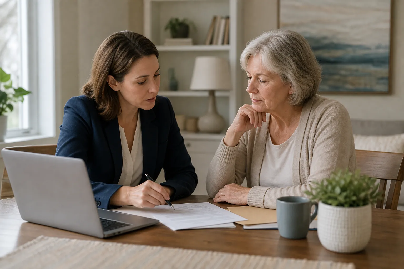Two Women Reviewing Paperwork Beside a Laptop A woman in a navy blazer reviews paperwork with an older woman at a wooden table beside an open laptop.