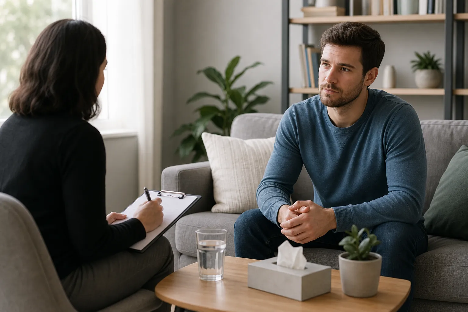 Counseling Conversation During a Mental Health Assessment A man sits on a sofa with his hands clasped while a woman holding a clipboard takes notes during a counseling session.