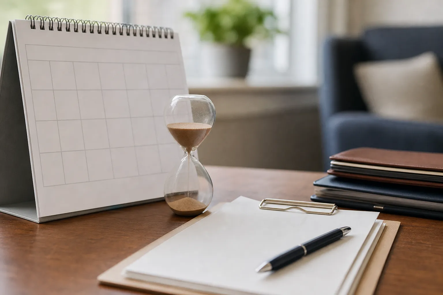 A blank desk calendar and hourglass sit beside a clipboard with blank paper, a pen, and stacked folders on a wooden desk.