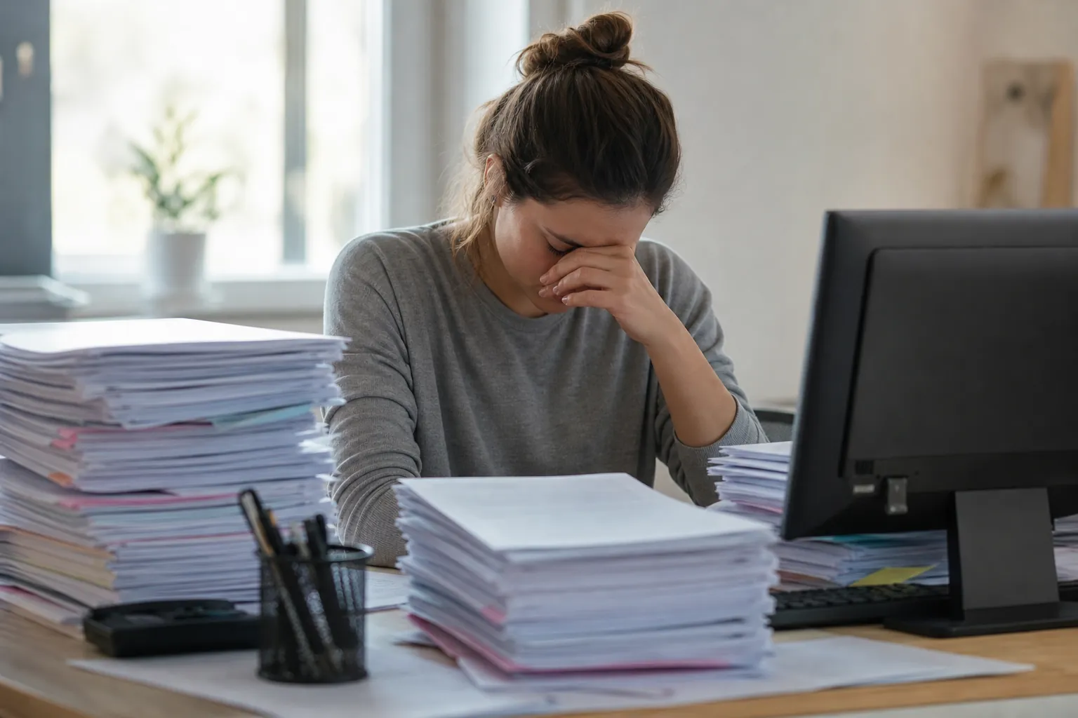 A woman bows her head and holds her face at a desk crowded with tall stacks of paperwork and a computer monitor.