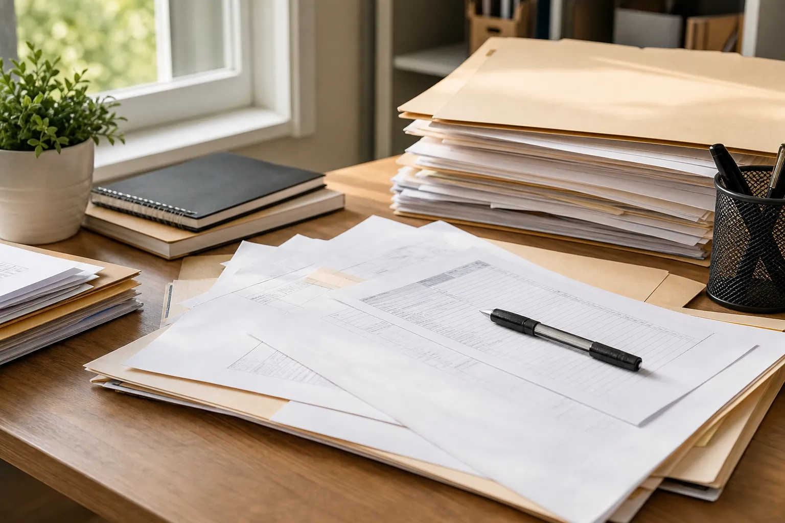 Loose forms and manila folders cover a wooden desk, with a pen, stacked paperwork, notebooks, and a potted plant by a window.