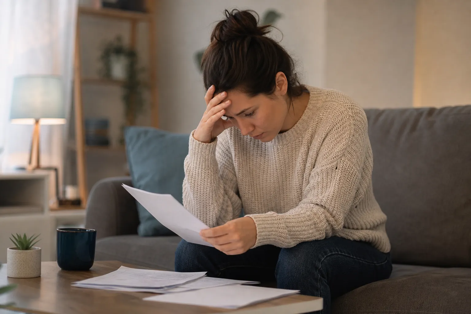 Worried Woman Reviewing Paperwork on a Sofa A worried woman sits on a sofa reviewing paperwork, holding her forehead, with more documents spread across a coffee table.