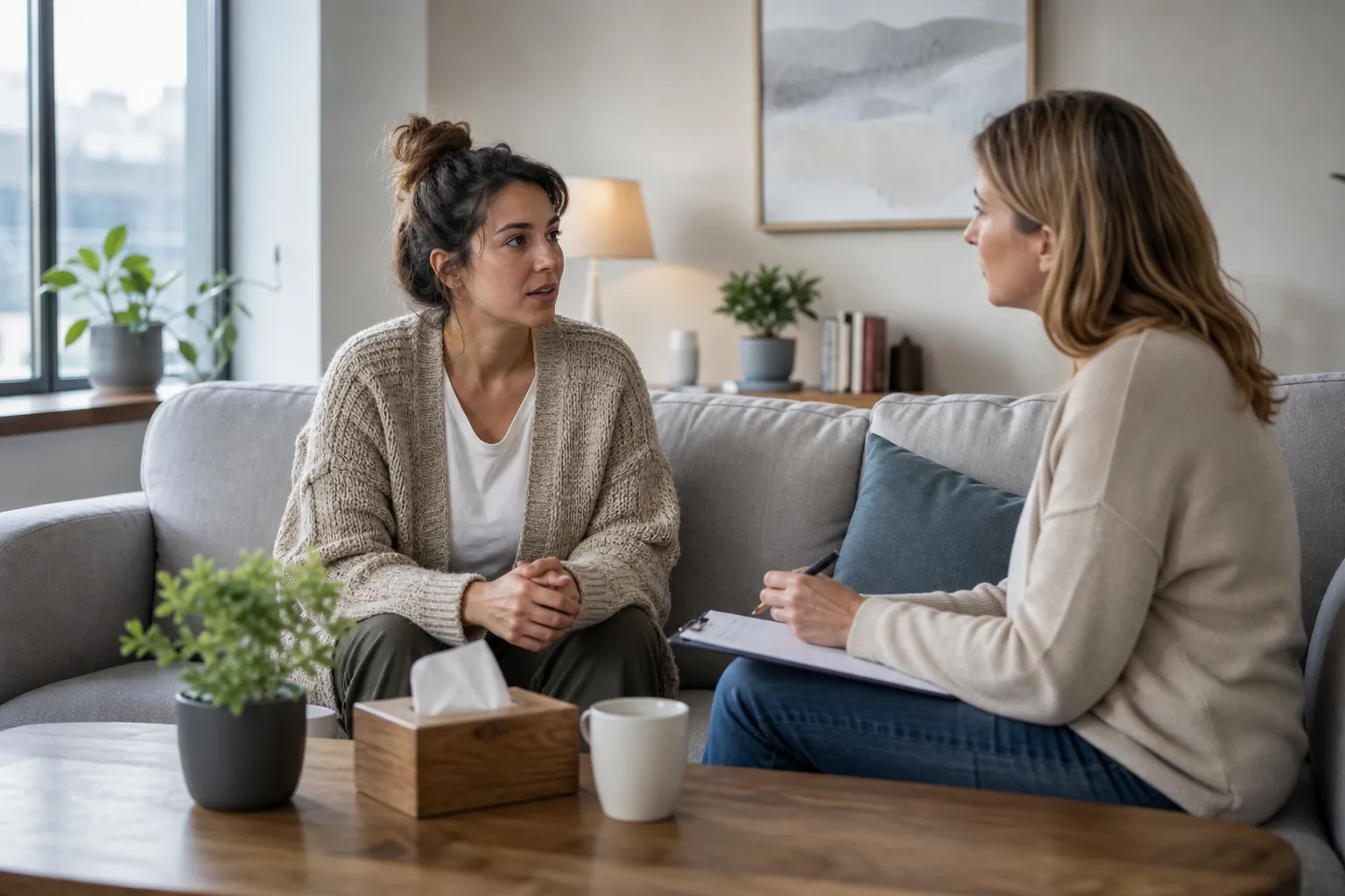 Counseling Conversation With Clipboard and Tissues Two women sit facing each other on a sofa during a counseling conversation, with a clipboard, pen, and tissues nearby.