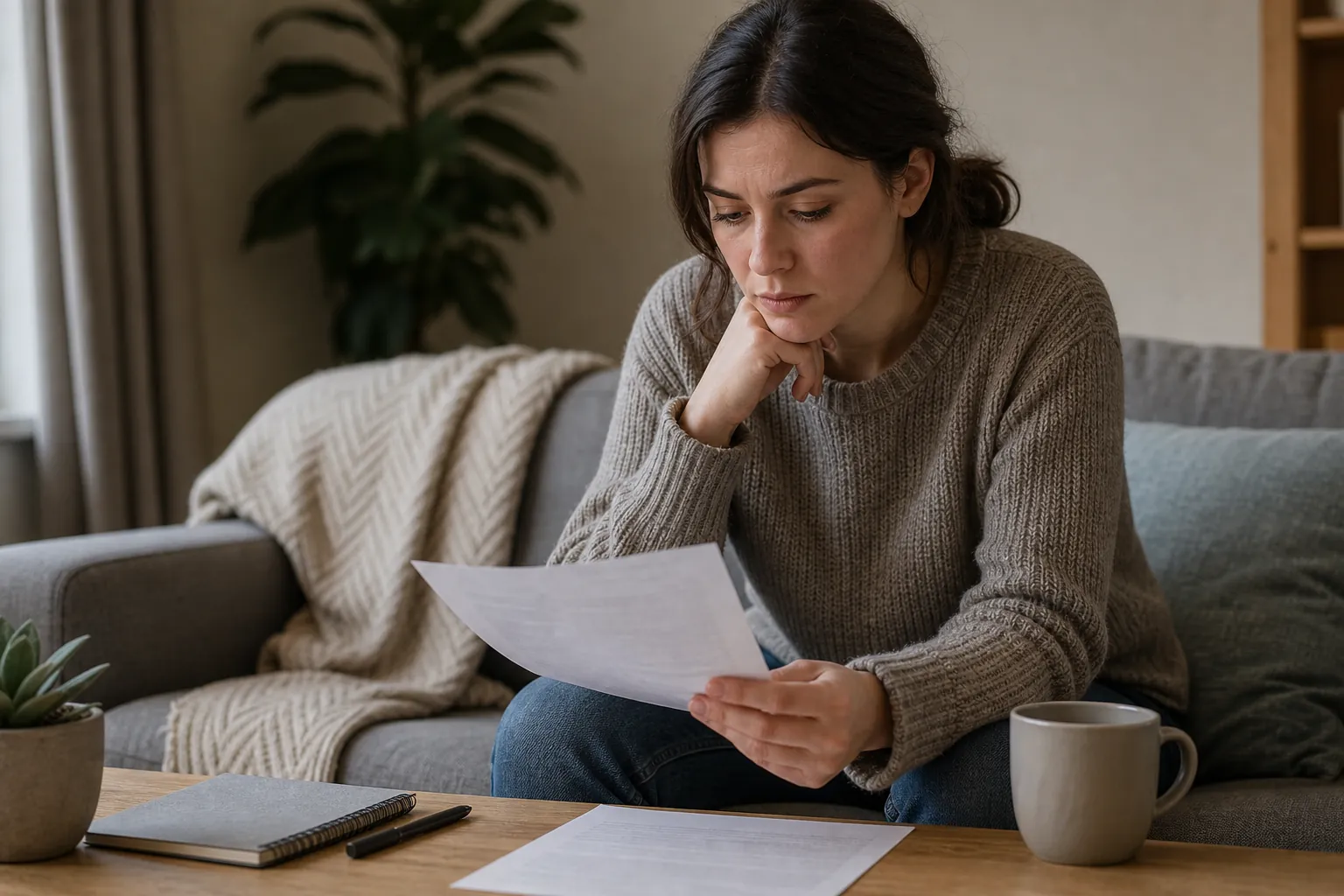 Concerned Woman Reviewing Paperwork on a Sofa A concerned woman sits on a sofa reading a sheet of paper, with a notebook, pen, mug, and another sheet on the table.
