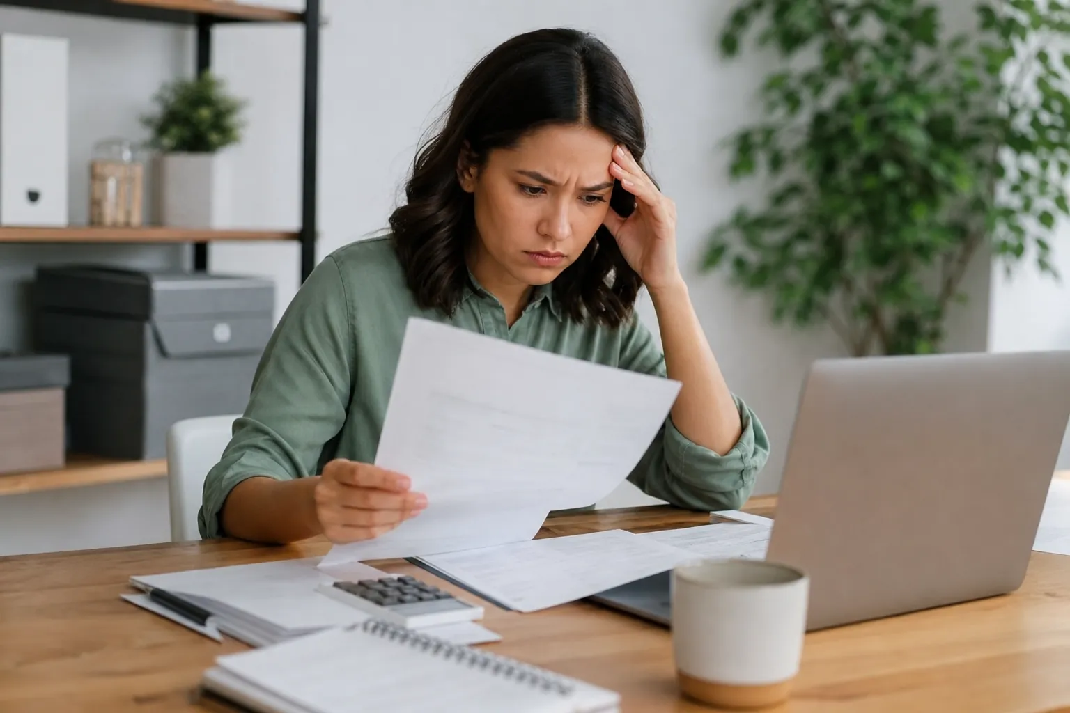 Worried Woman Reviewing Paper Notices at a Desk A worried woman holds a paper notice with one hand at her temple beside a laptop, calculator, scattered documents and mug.