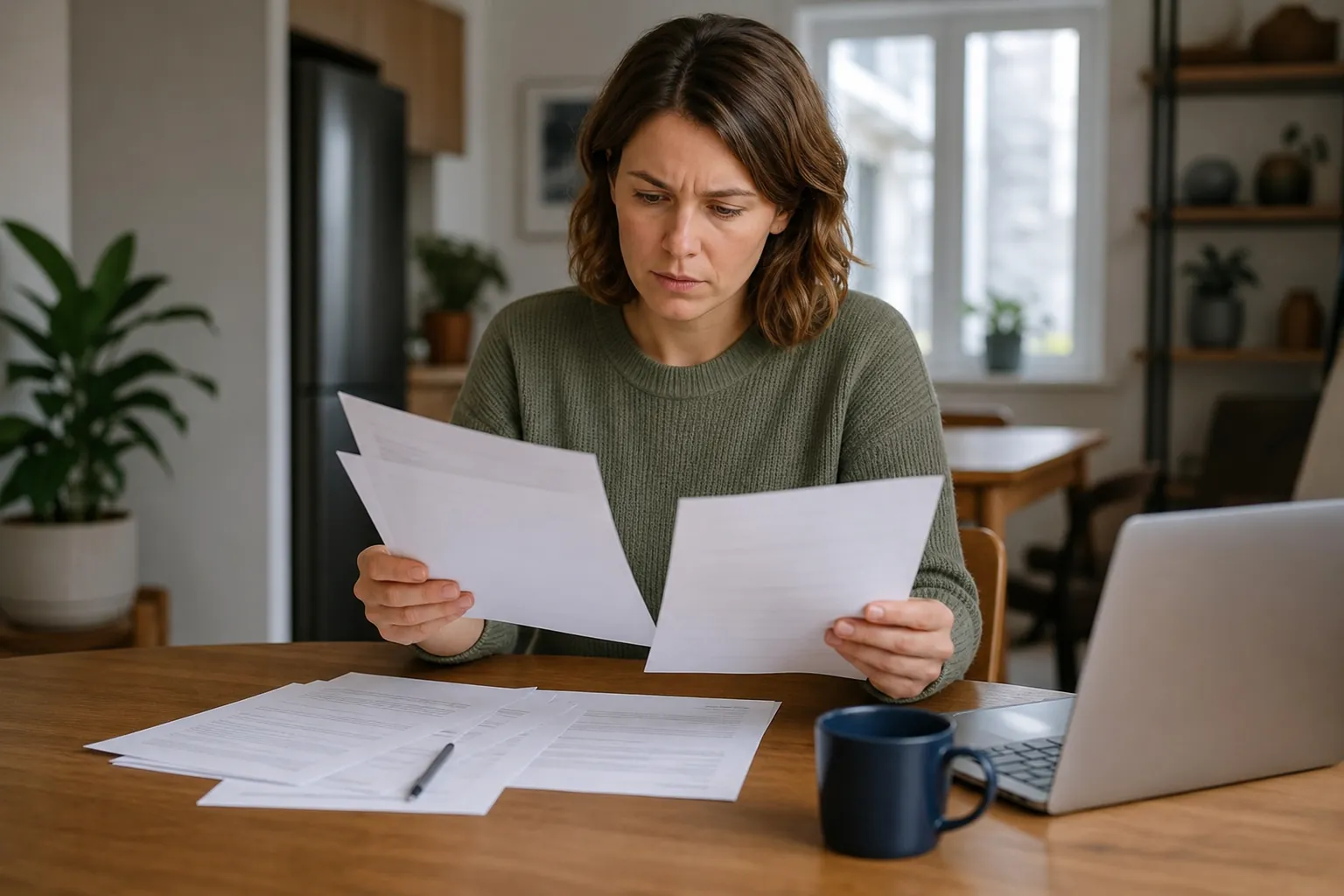 Concerned Woman Comparing Paper Notices at Home A concerned woman compares papers at a wooden table with scattered documents, a pen, a laptop, and a blue mug.