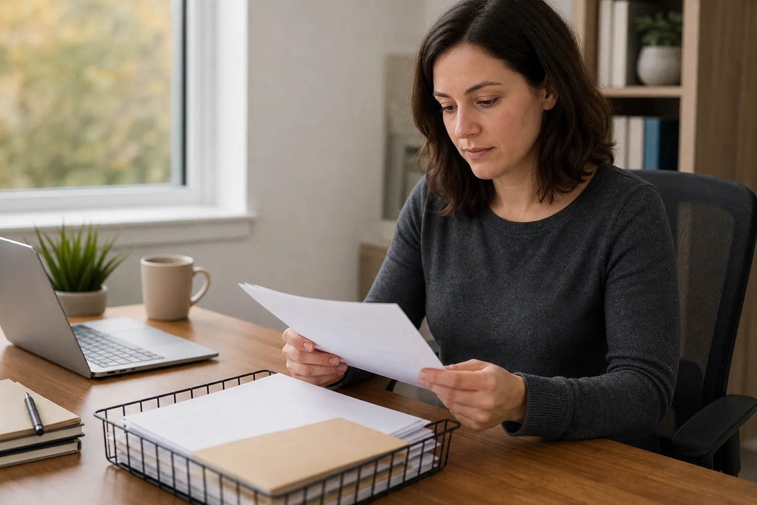 Woman reviewing paperwork at a wooden desk with a laptop, document tray, notebooks, and a mug beside a window.