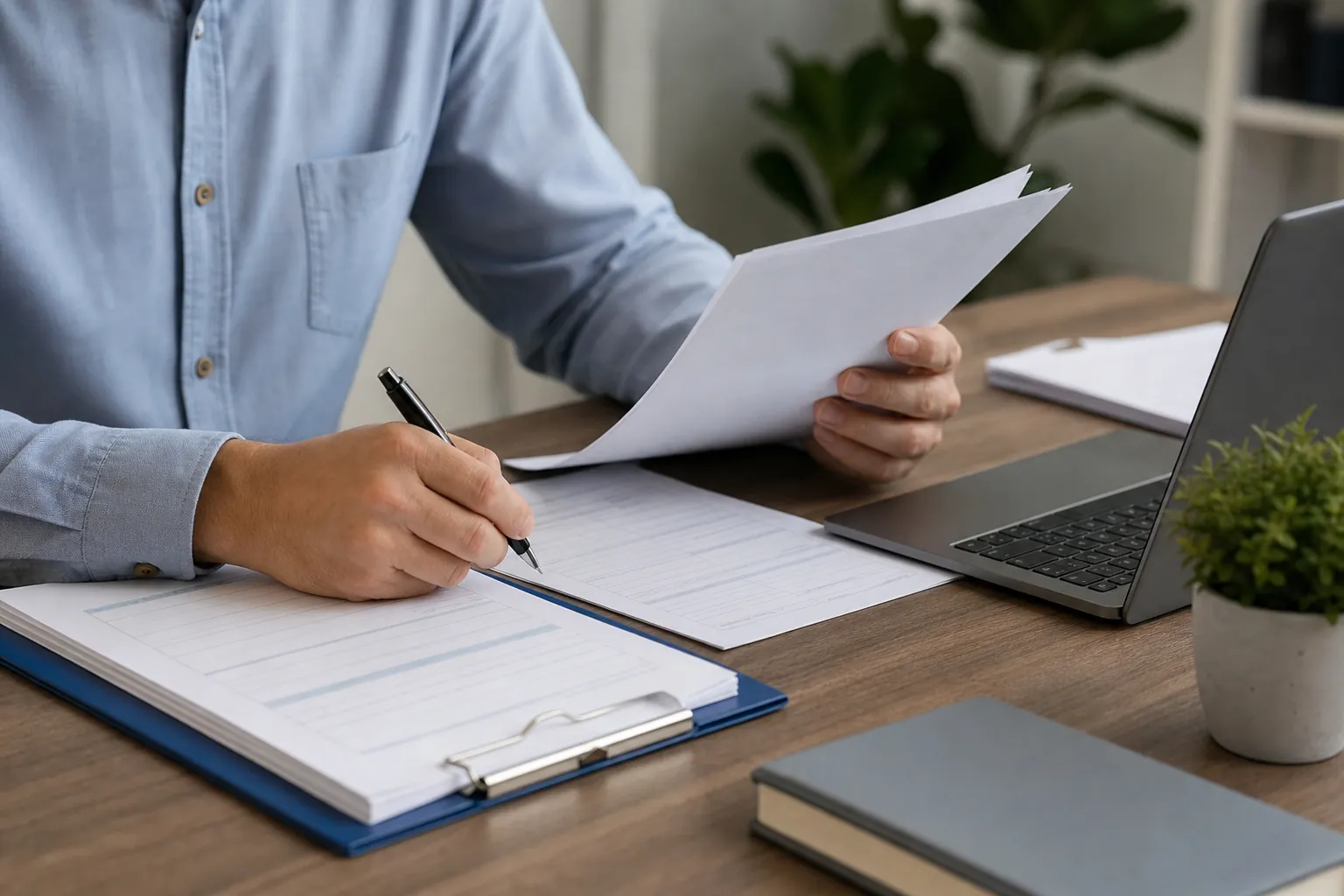 Person in a light blue shirt holds papers and writes on a form at a wooden desk beside a laptop and clipboard.