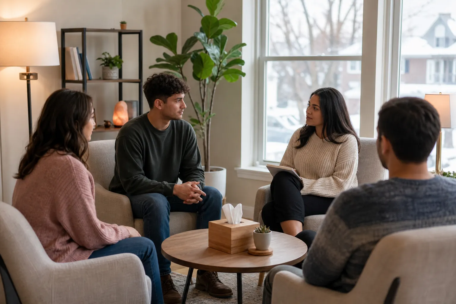 Four adults sit in a circle in a bright room, with a notebook and tissues nearby, suggesting a supportive group discussion.