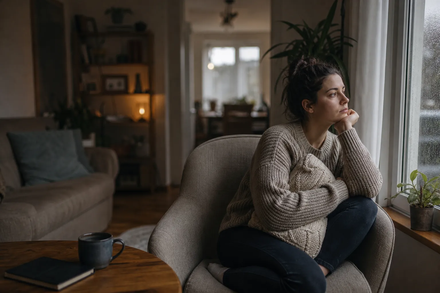 A woman in a knit sweater sits curled in an armchair, holding a cushion and gazing out a rain-speckled window.