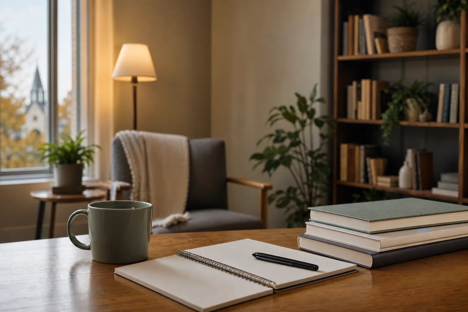 An open notebook, pen, mug, and stacked books sit on a wooden desk beside an armchair, plants, and a window.