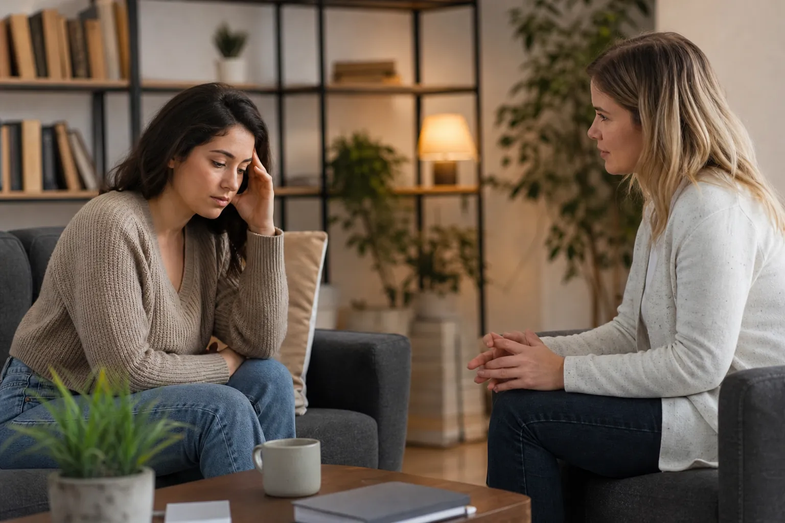 A distressed woman holds her temple while another woman listens across a coffee table in a cozy counseling office.