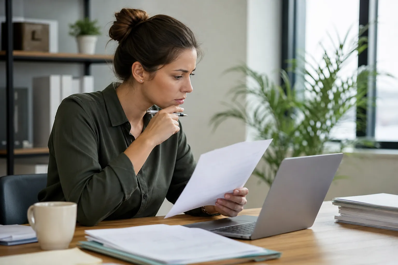Woman Reviewing Paperwork Beside a Laptop A woman holds a pen near her chin while reviewing a sheet of paper beside an open laptop at a desk.