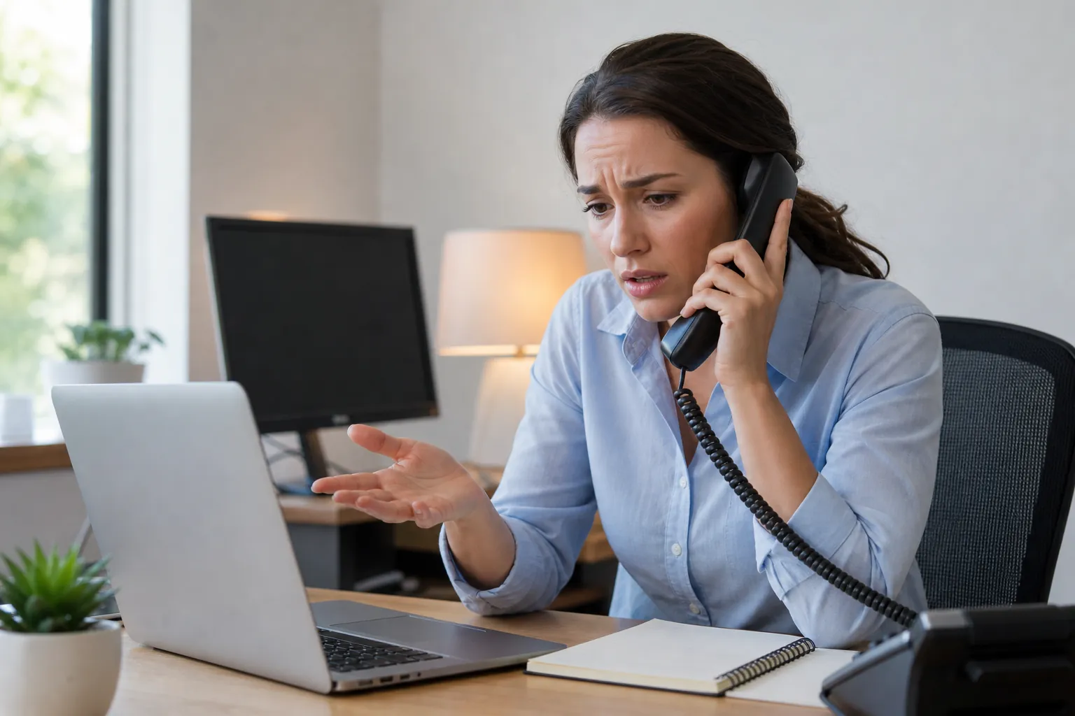 Concerned Woman on the Phone Beside a Laptop A concerned woman holds a corded phone and gestures beside an open laptop and spiral notebook at an office desk.